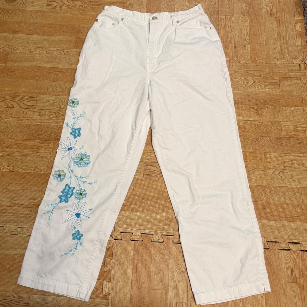 Telluride Clothing Co White Embroidered Floral Wide Leg Denim Pants Size 10